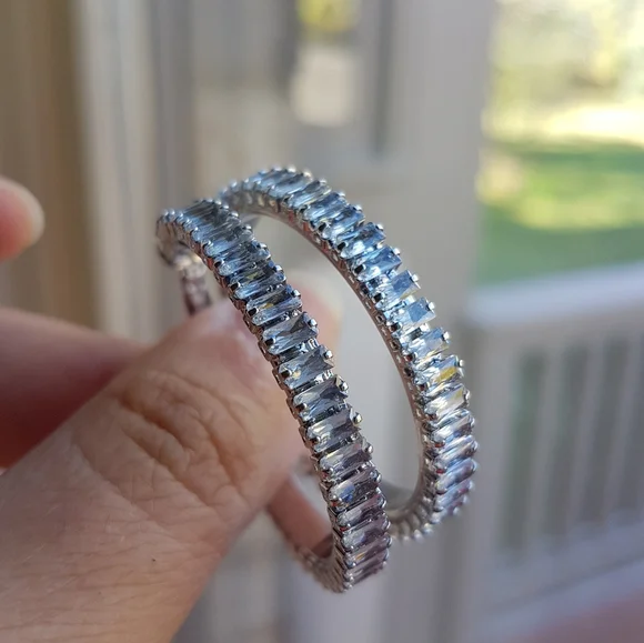 Swarovski Elements Platinum Plated Large Baguette Hoop Earrings NEW - Picture 6 of 17